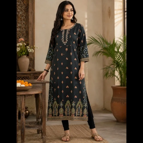Classic Black Rayon Kurti for Women with Two Pocke...