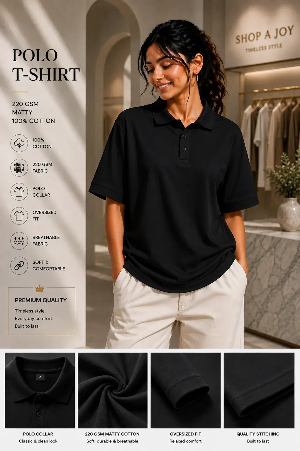 Women’s Black Polo T-Shirt – 100% Cotton Terry Oversized Premium Casual Wear 220 GSM