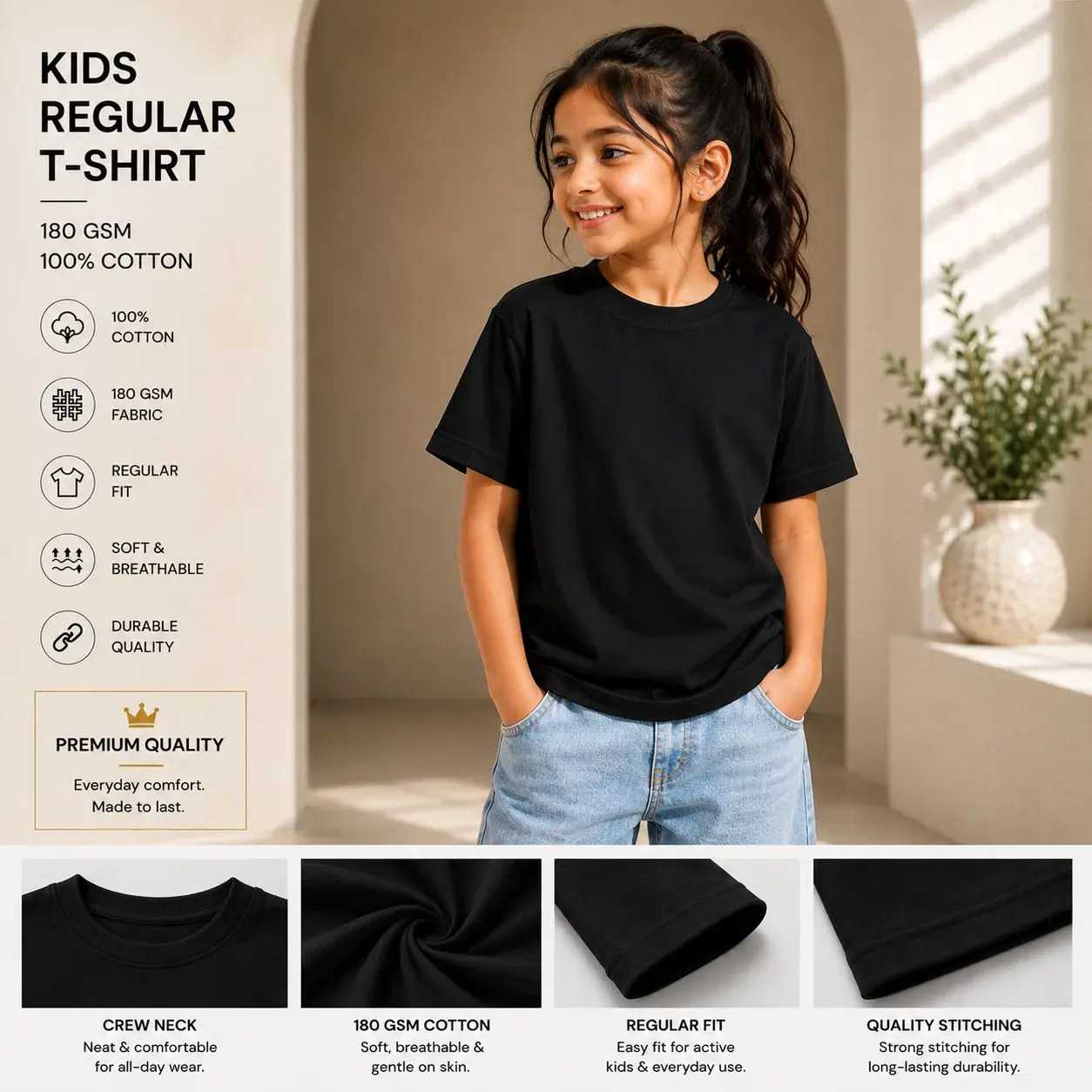 Kids Black Regular Fit T-Shirt – 100% Cotton Soft...