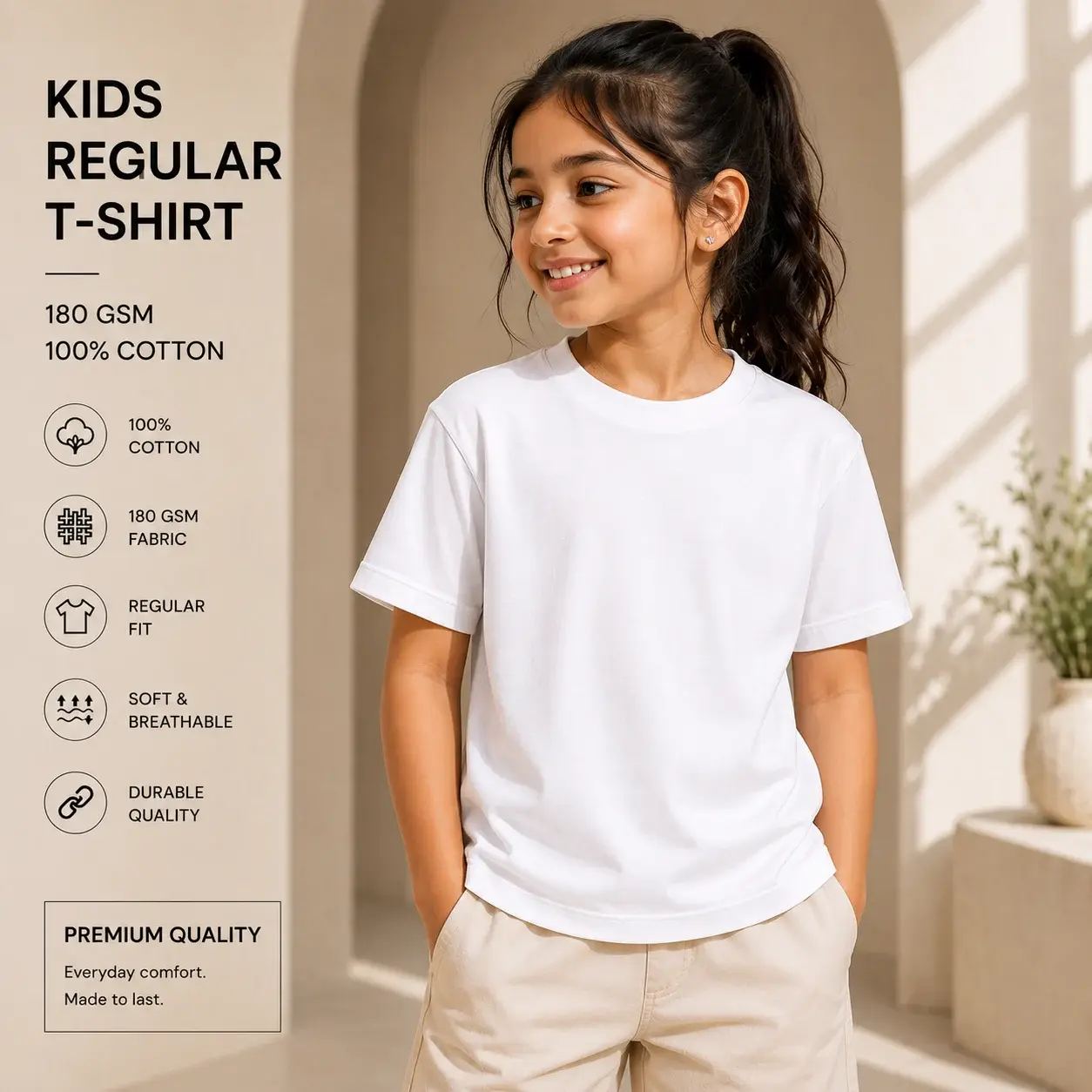 Kids White Regular Fit T-Shirt – 100% Cotton Soft...