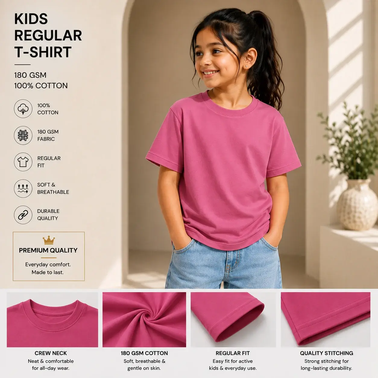 Kids Pink Regular Fit T-Shirt – 100% Cotton Soft &...
