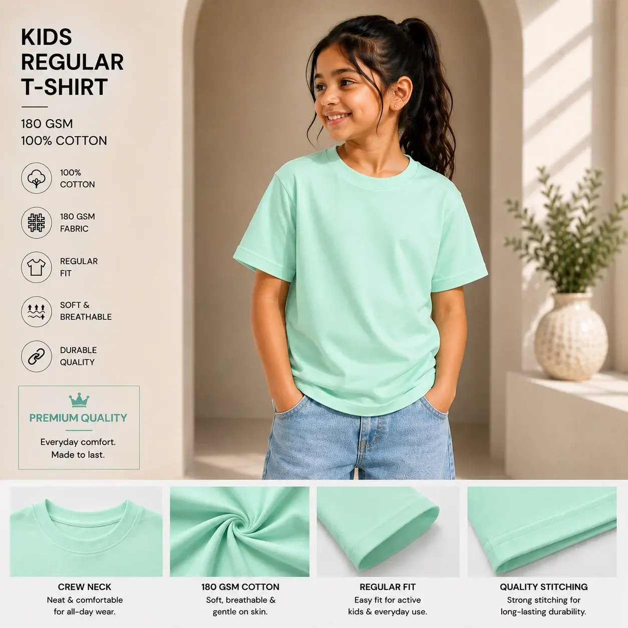 Kids Green Regular Fit T-Shirt – 100% Cotton Soft...