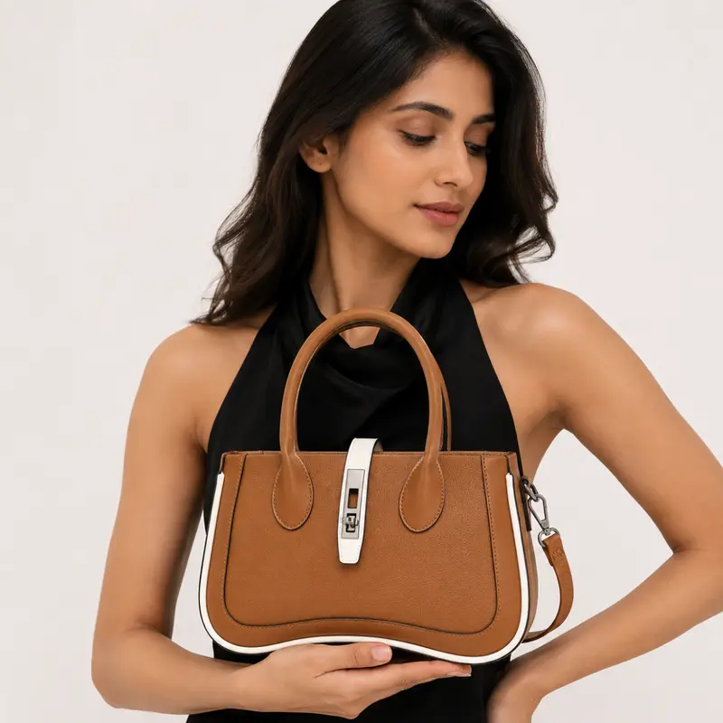 Beige Women's Dual Tone Top Handle  Handbag with D...