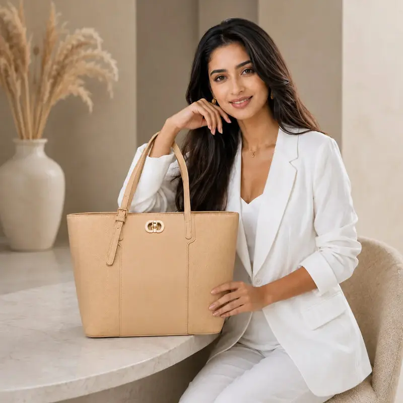 Beige Textured Panel Tote...