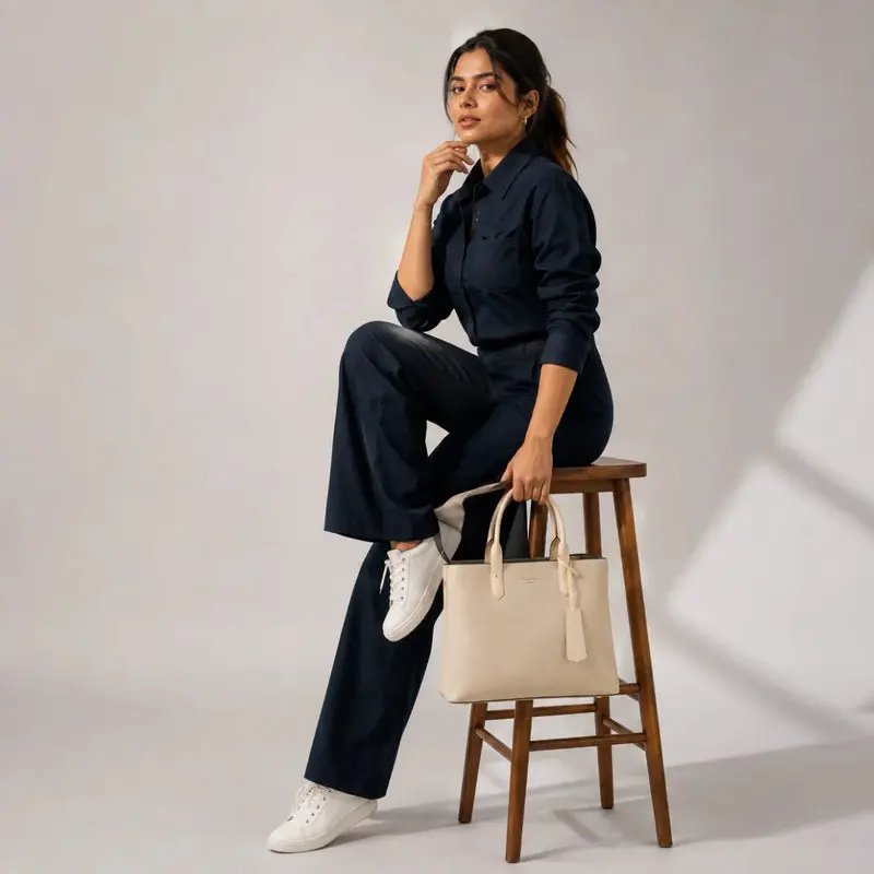 Beige Canvas Structured Handbag for Women